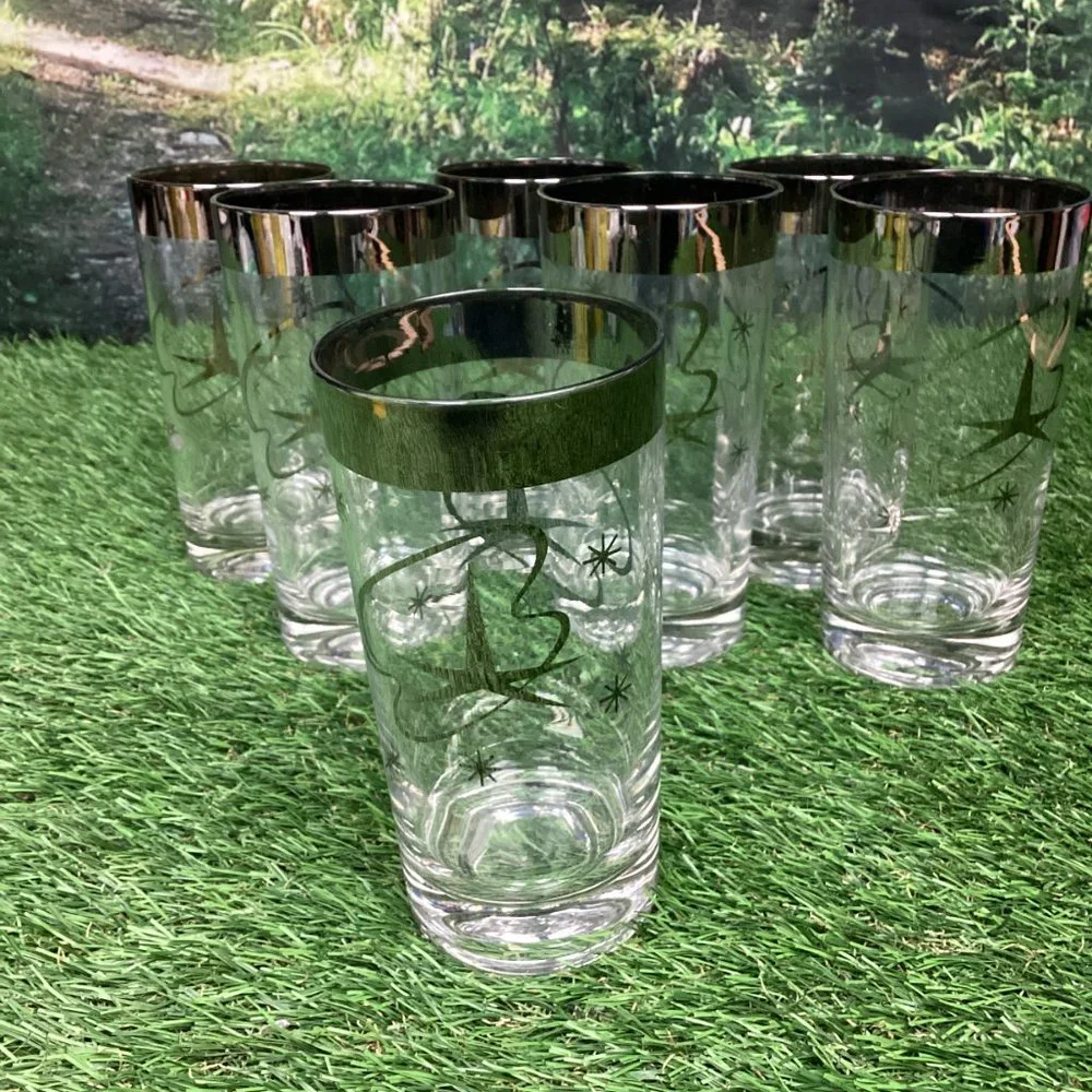 Vintage Atomic Highball Glasses with Silver Star and Streamer Design